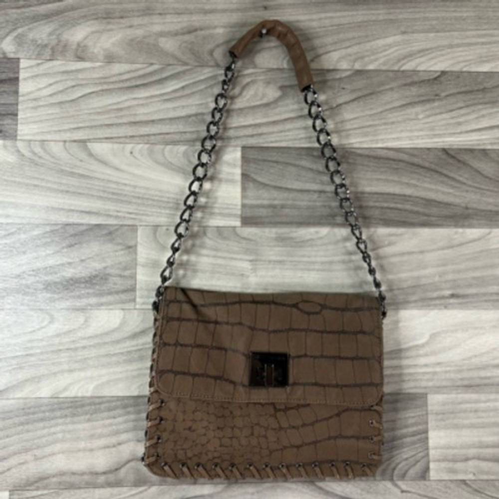 BCB Generation Womens Shoulder Bag Brown Animal Print Crocodile Flap Woven Small